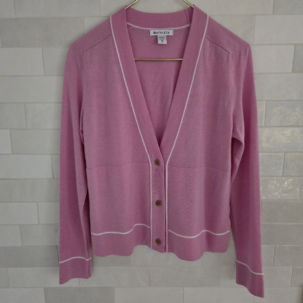 Athleta Lightweight Merino Wool Lyocell Button Cardigan Sweater Quartz Pink XS - Picture 2 of 8